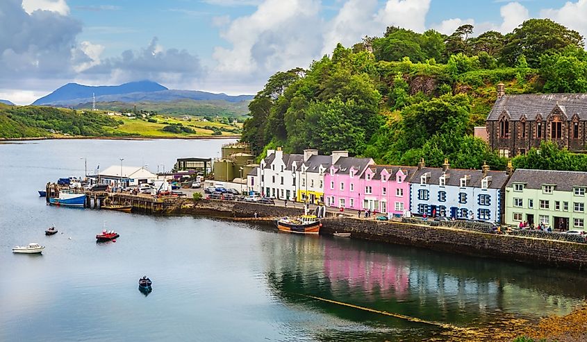 View of the Portree Harbor in Portree, Scotland