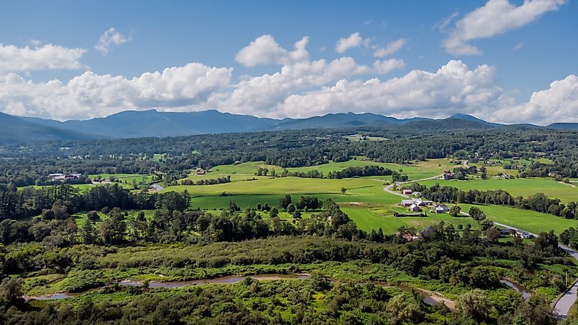 Aerial view of the rural landscape around Stowe, Vermont.