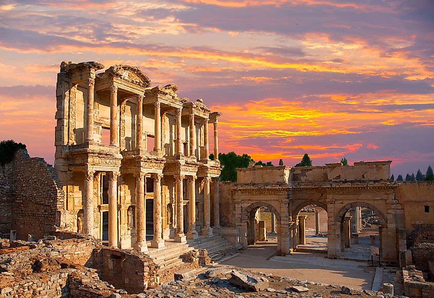The facade of the Library of Celsus in Ephesus, Turkey.