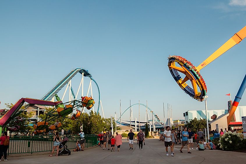 View of Cedar Point from the boardwalk in Sandusky, Ohio.