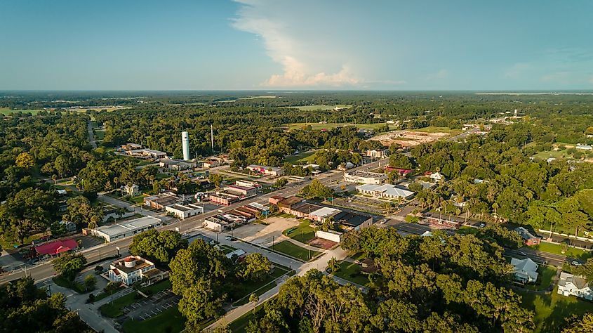 Aerial sunrise view of downtown Williston, FL. Editorial credit: Noah Densmore / Shutterstock.com