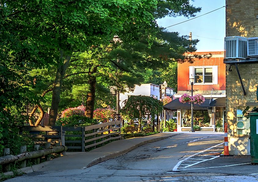 Chagrin Falls main street with historical storefronts