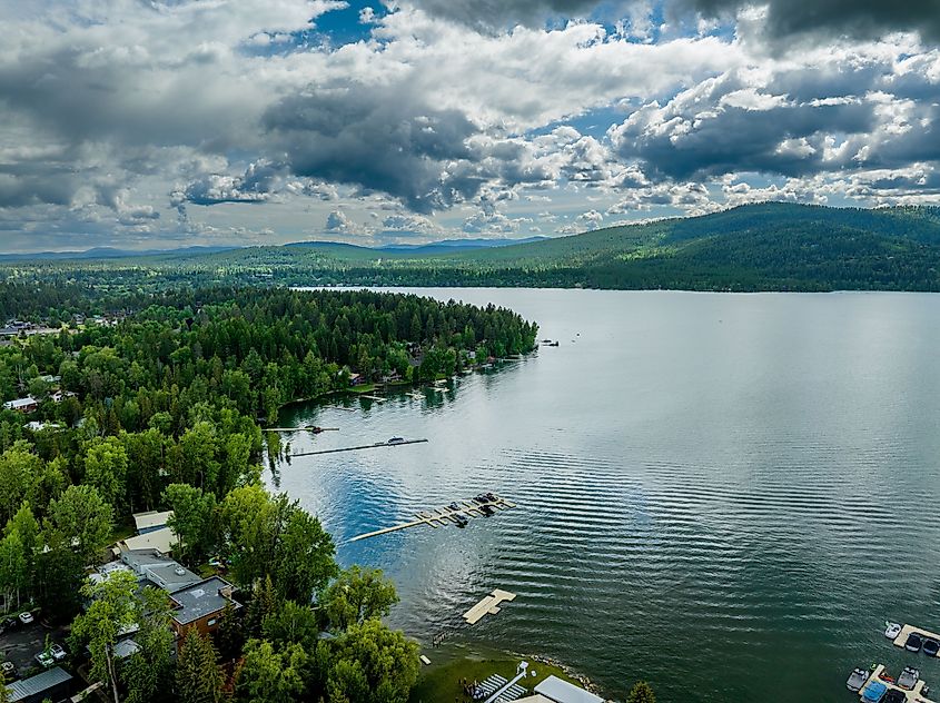 Drone view of Whitefish Lake, Montana.