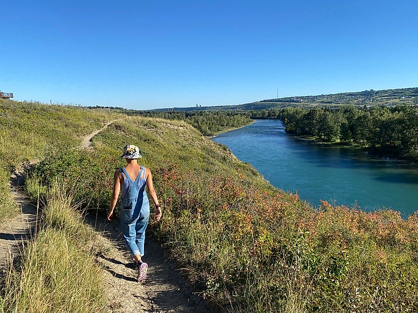 A woman walking a riverside nature trail on a bluebird day.