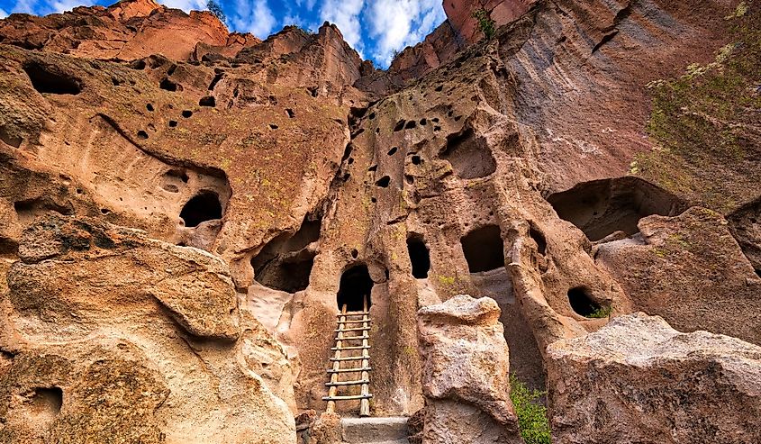 Looking up at Cliff Dwellings in Bandelier National Monument.