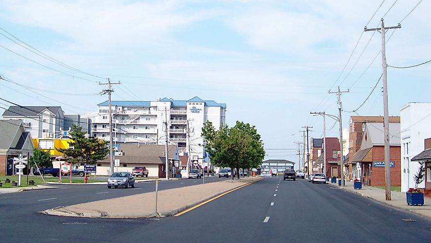 Main Street in Crisfield, Maryland, showcasing a small-town atmosphere with local businesses and historic buildings.