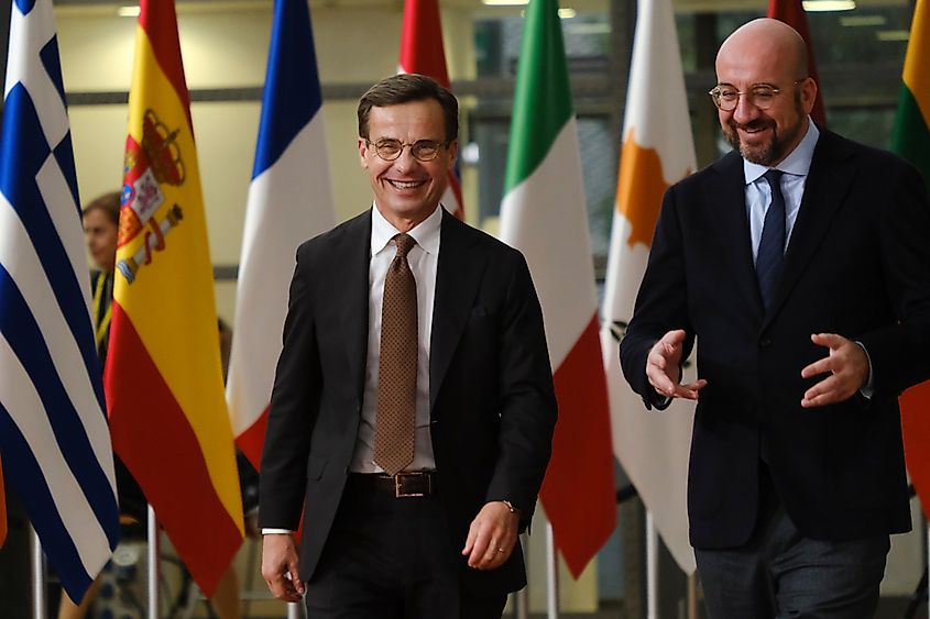 Sweden's Prime Minister Ulf Kristersson walks with European Council President Charles Michel. Image by Alexandros Michailidis via Shutterstock.com