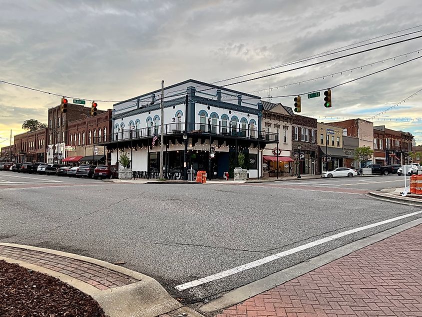 Shops along a street in Tuscumbia, Alabama.