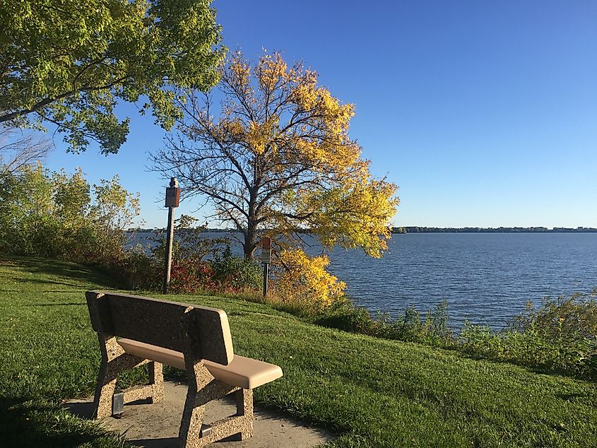 A bench overlooking Storm Lake in Iowa