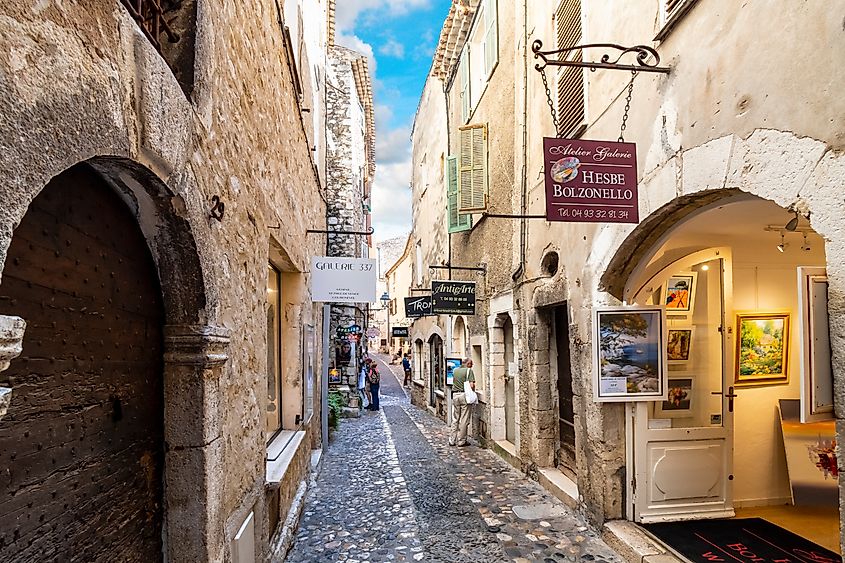 Cobblestone street in Saint Paul de Vence, France.