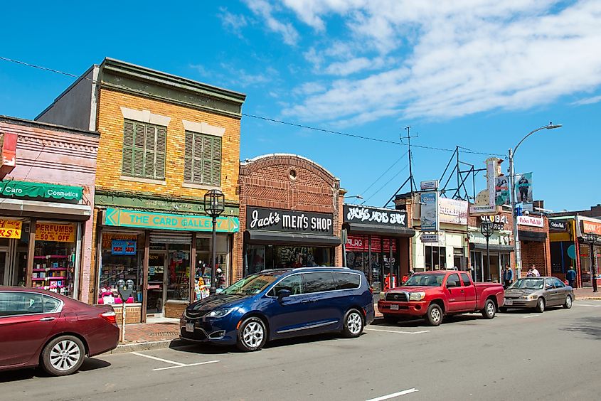 Historic commercial buildings on Broadway between 4th and 5th Street in downtown Chelsea, Massachusetts