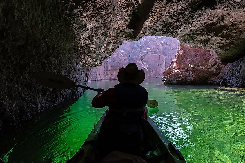 Kayaking in Emerald Cave, Colorado River, in Black Canyon, Arizona.