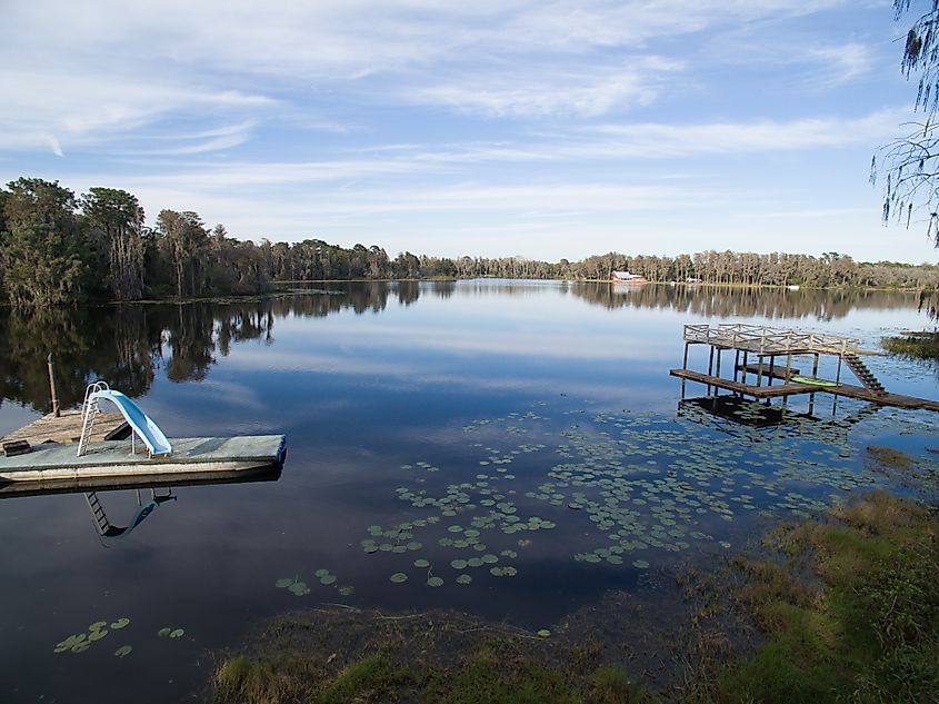 A serene, reflective view of Lake Rainbow in Odessa, Florida