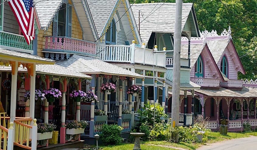 Beautiful colorful gingerbread houses, cottages in Oak Bluffs center, Martha's Vineyard