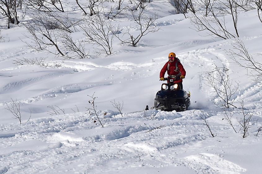 A snowmobiler in Hatcher Pass, Alaska.