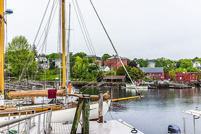 Empty marina harbor in Rockport, Maine.