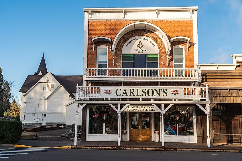 Old Western-style Masonic Lodge building in the rural town of Brownsville, Oregon, featuring classic wooden architecture, giving a nostalgic feel of the town's historic charm.