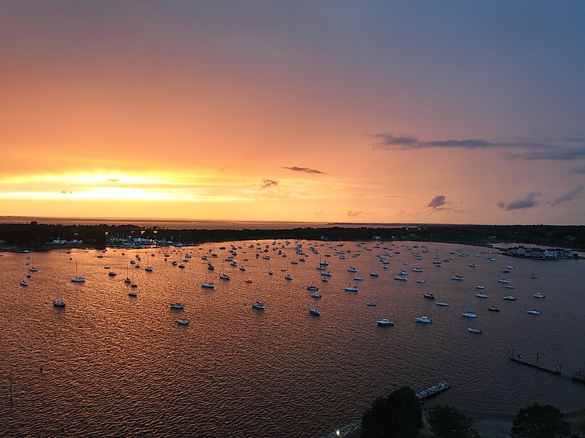 Dramatic Sunset over Bristol, Rhode Island, Harbor.