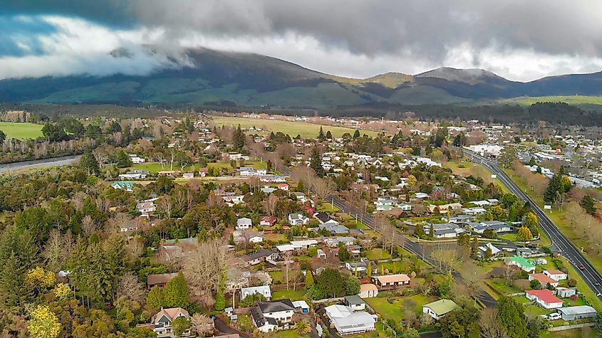 Aerial view of Turangi along the shores of Lake Taupo in New Zealand