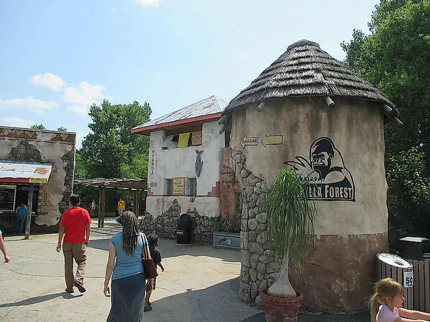 African village-themed area at the entrance to Downing Gorilla Forest at Sedgwick County Zoo in Wichita, Kansas