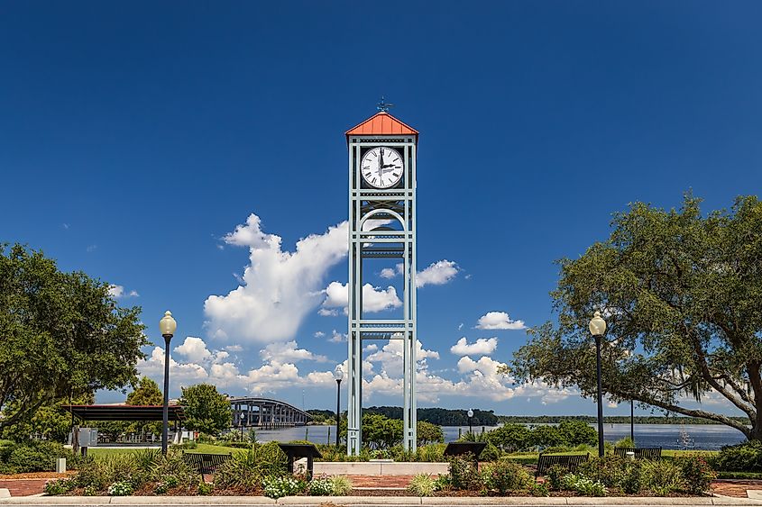 the clock tower at Riverfront Park in Palatka along the St John's River in Florida o