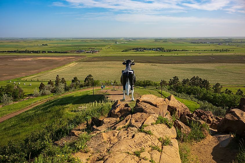 New Salem, ND, USA - Jun 19, 2022: Salem Sue, the World's Largest Holstein Cow, was built in 1974 to honor local dairy farming industry. The roadside attraction, off I-94 is free to the public.