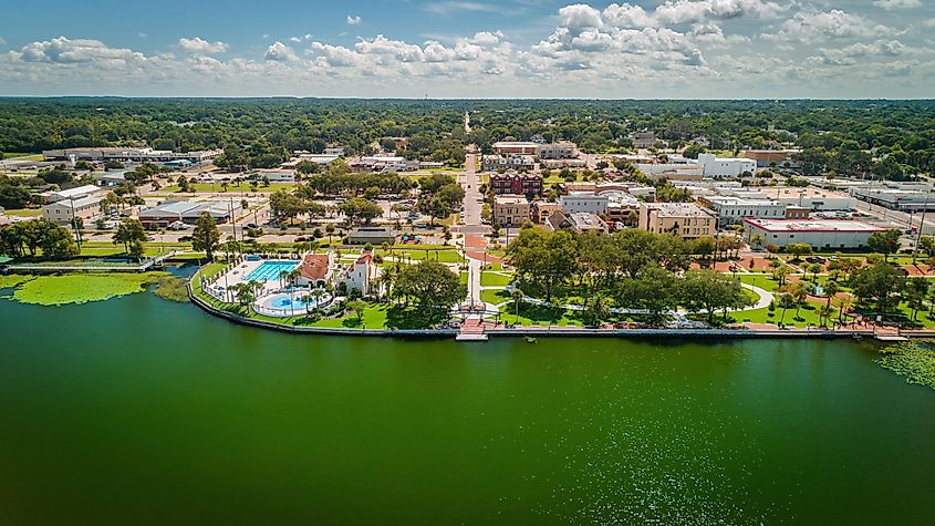 Drone view over Lake Eustis facing ferran park in downtown Eustis, Florida
