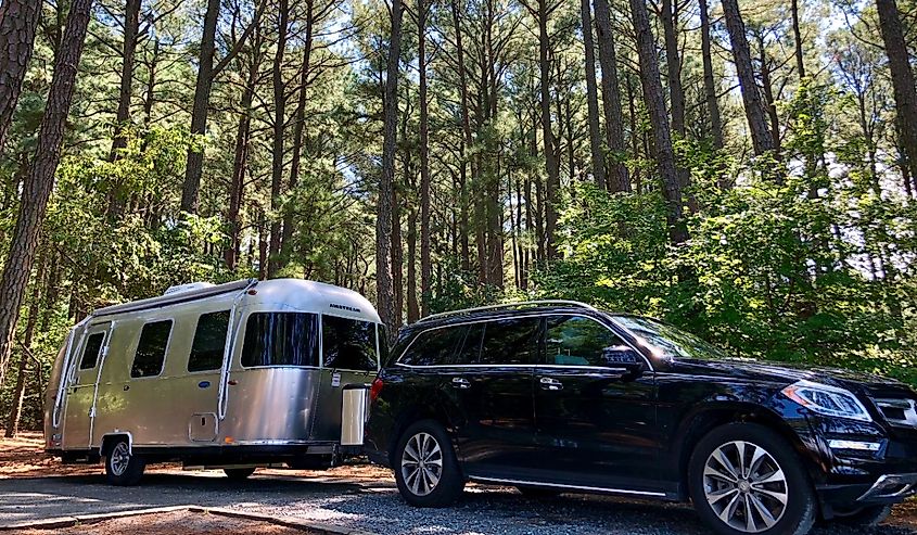 An airstream travel trailer parked at Janes Island State Park, Maryland.