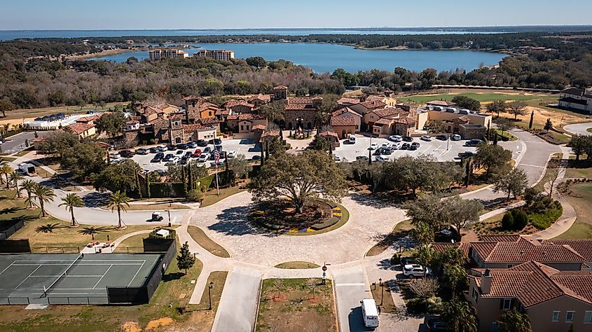 Aerial view over the luxurious Bella Collina clubhouse in Montverde, Florida.