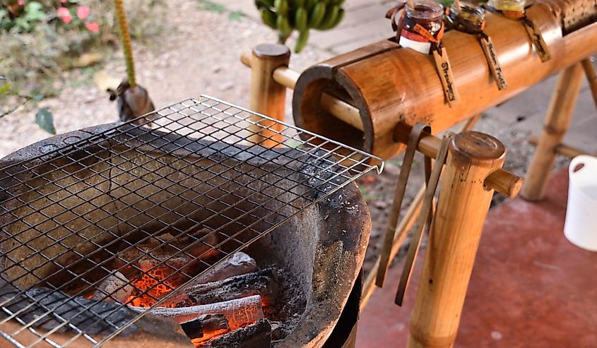 Traditional charcoal toaster and bamboo jam setter