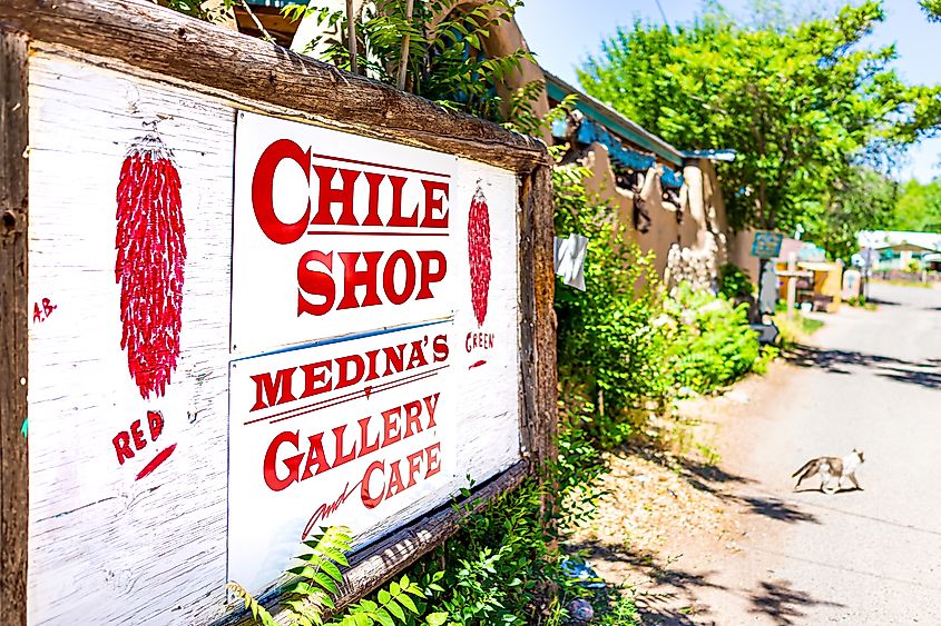 Gift souvenir store Medina's gallery cafe Chile shop in Chimayo, New Mexico. Editorial credit: Andriy Blokhin / Shutterstock.com