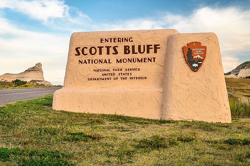 Entrance welcome sign to Scotts Bluff National Monument in Scottsbluff, Nebraska.