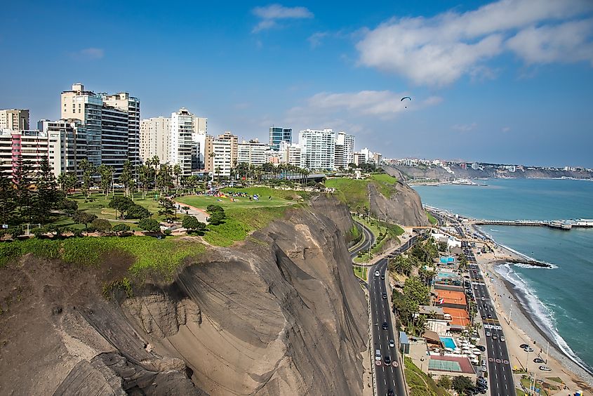 Aerial view of La Costa Verde Miraflores, Lima, Peru.