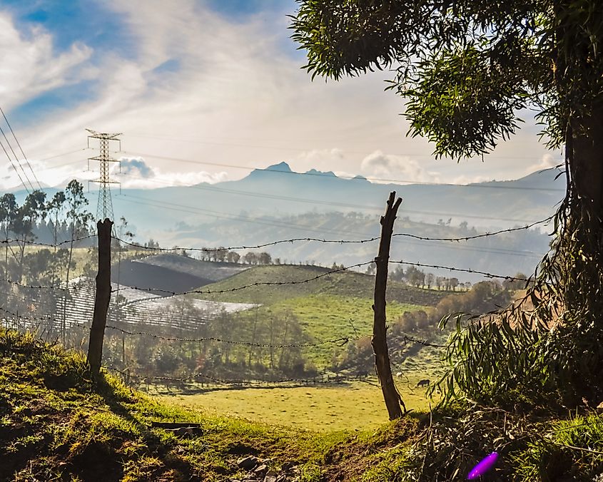 View of the landscape near Totoro in Colombia with light cloud cover.