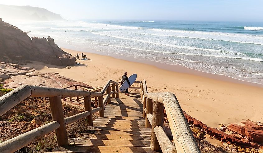 View to Praia do Amado, Beach and Surfer spot near Sagres and Lagos, Costa Vicentina Algarve Portugal