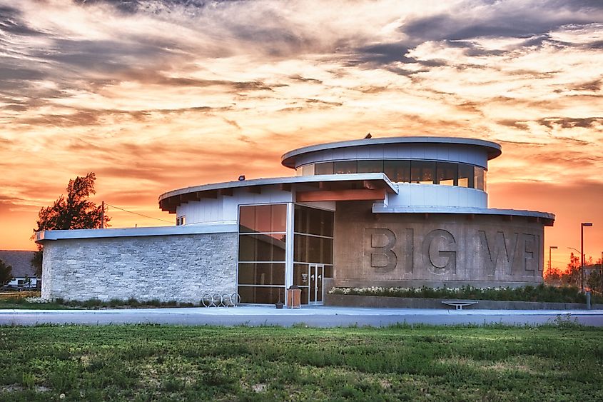 Big Well Museum and Visitor Info Center, showing the entrance and surrounding area, in Greensburg, Kansas.