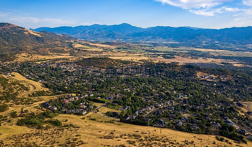 Aerial view of Medford, Oregon with the mountains in the background