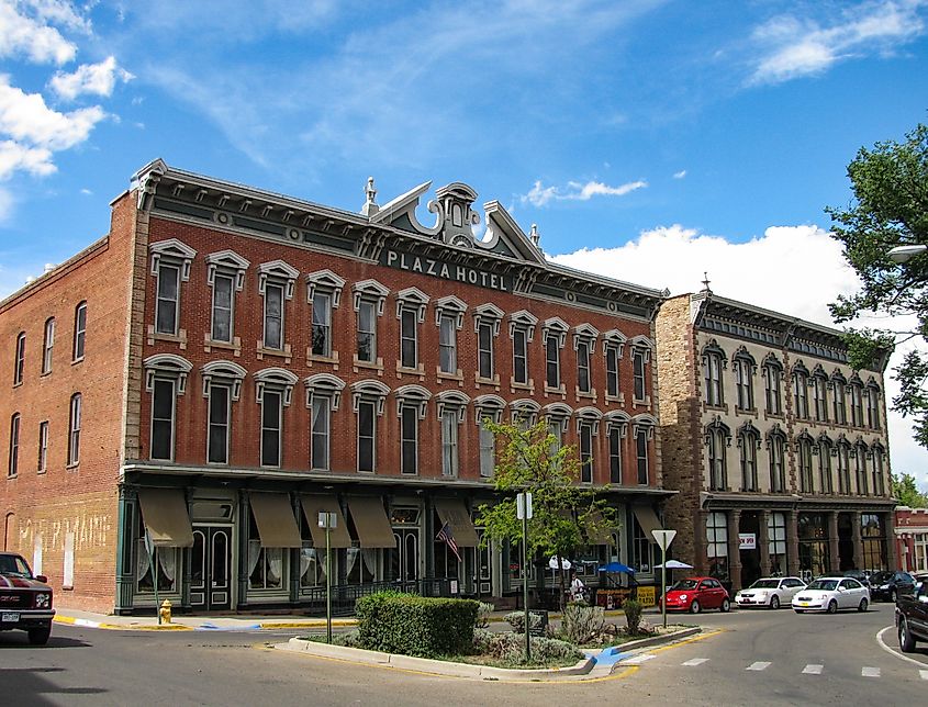 Historic Plaza Hotel in Las Vegas, New Mexico, built 1881 in Italianate style was called The Belle of the Southwest, listed on the National Register of Historic Places. Editorial credit: Underawesternsky / Shutterstock.com