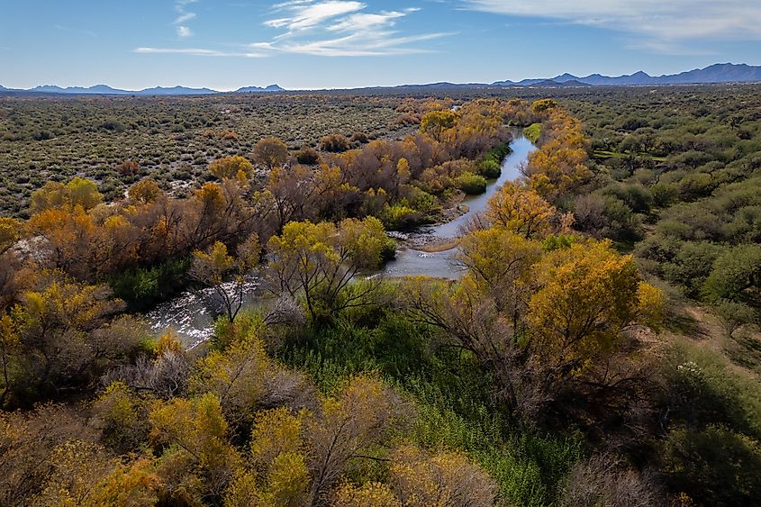 Aerial view of the Verde River flowing near Rio Verde, Arizona
