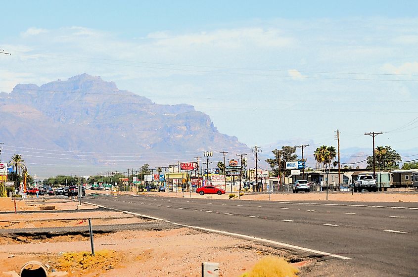 A view of Downtown Apache Junction looking East towards the Superstition Mountains.