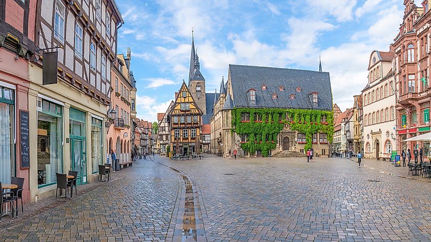 A view of old half timbered buildings in Quedlinburg, Germany.