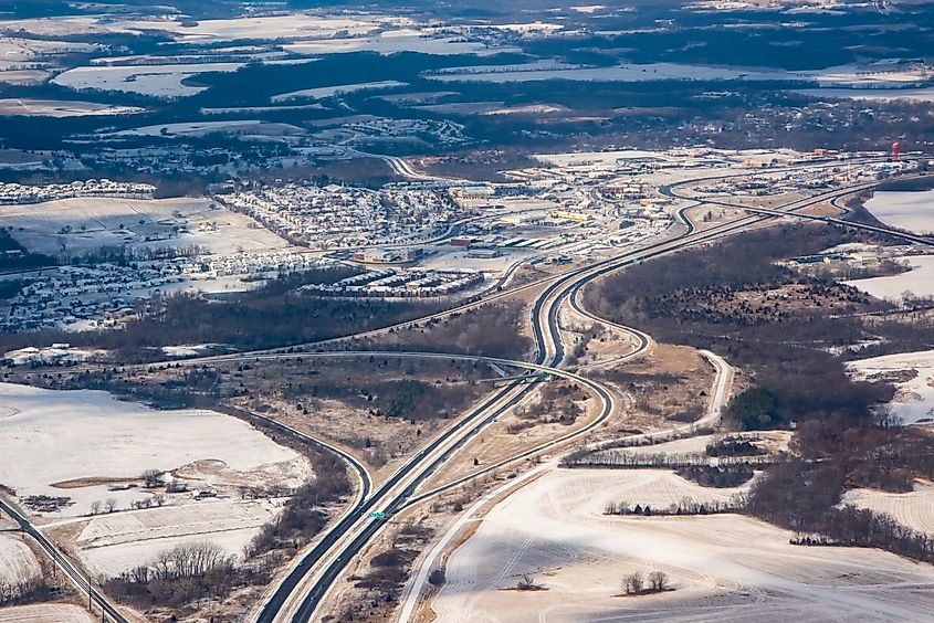 Aerial view of Interstate 29 running through Platte City in the winter.
