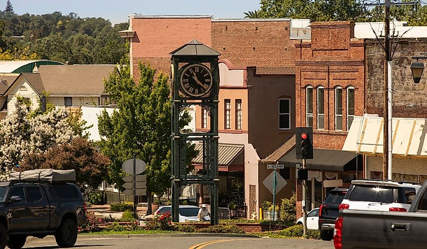 Morning light shines on historic downtown Auburn, California.