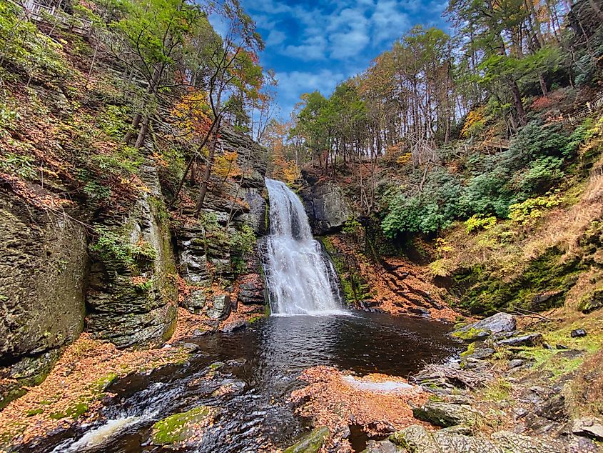 Closeup of Bushkill Falls in fall.