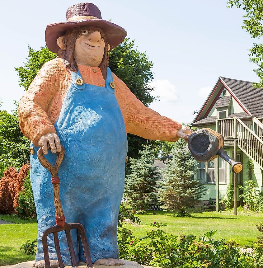 A gardner troll stands alongside the Main Street at Mount Horeb, Wisoconsin