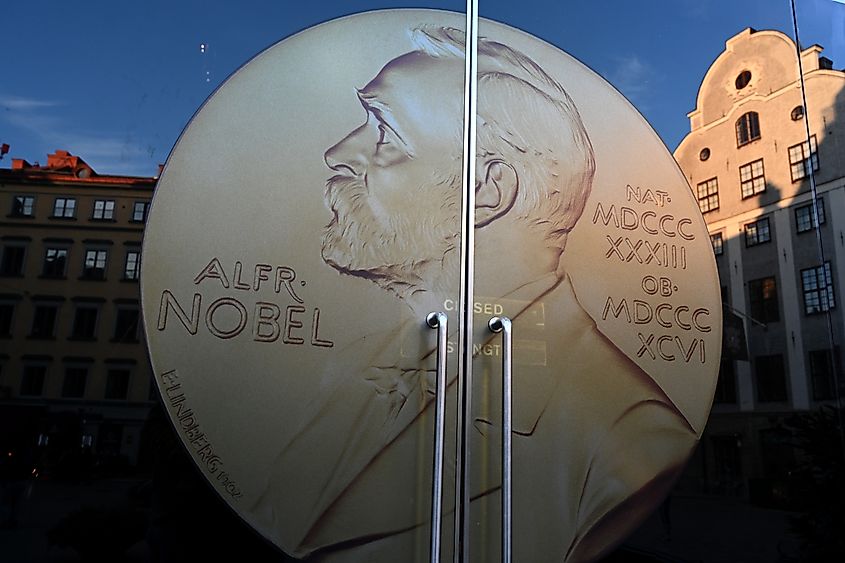 Portrait of Alfred Nobel, a Swedish national, at door entrance in the Nobel Prize Museum.