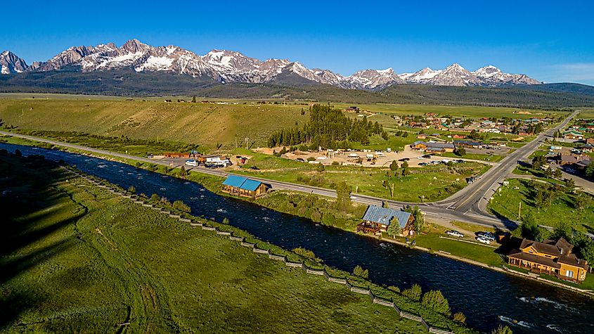 Aerial view of the Salmon River running through Stanley, Idaho.