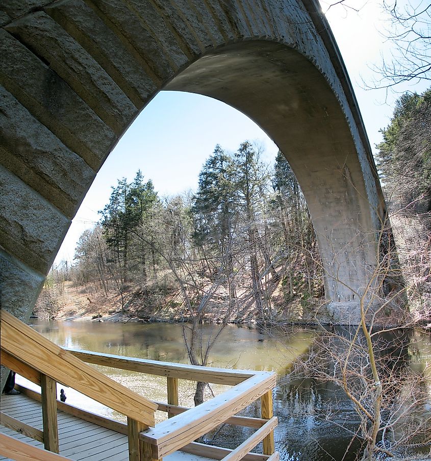 Echo Bridge carrying the Sudbury Aqueduct over the Charles River at Hemlock Gorge in Newton, Massachusetts