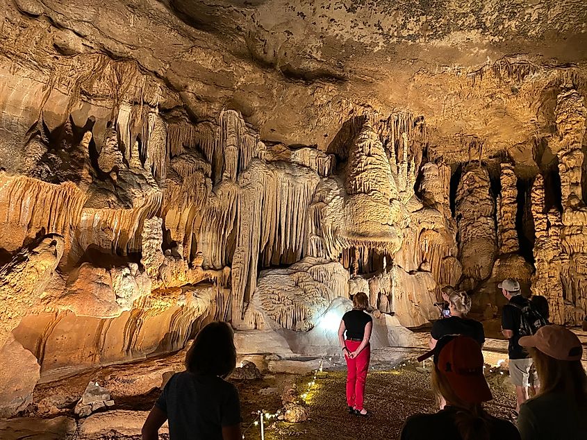 Visitors explore the interior of Cave Without a Name near Boerne, Texas.