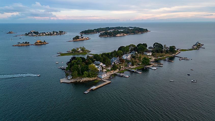 An aerial shot of the Thimble Islands in Branford, CT,